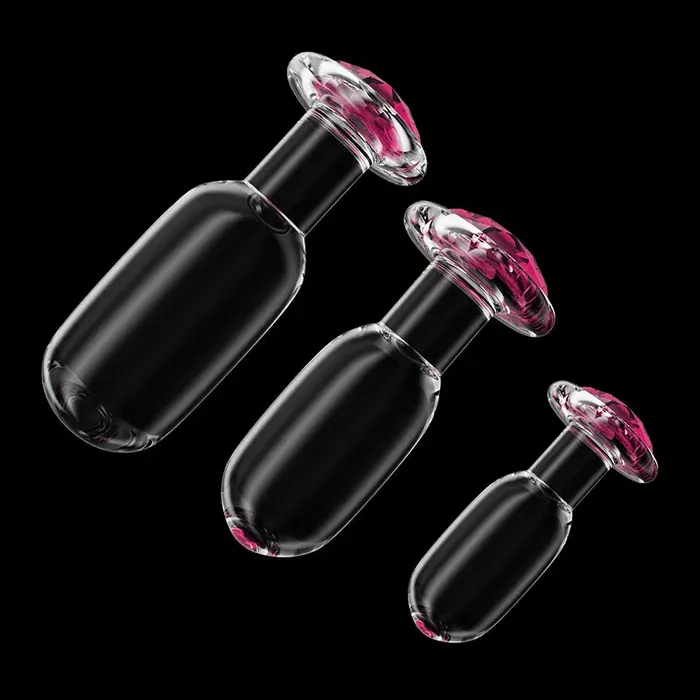Anal | Lovetoyshub 3Pcs Set Glass Butt Plug with Pink Gemstone Base