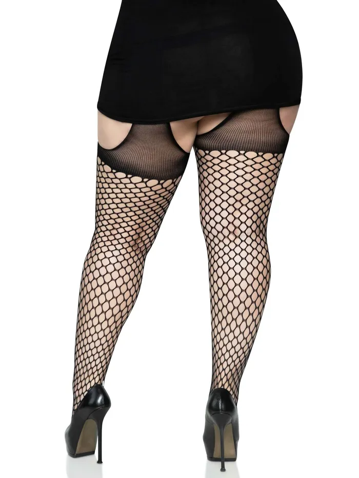 Oval Net Suspender Hose With Opaque Top - 1x/2x Size - Black | Leg Avenue Anal