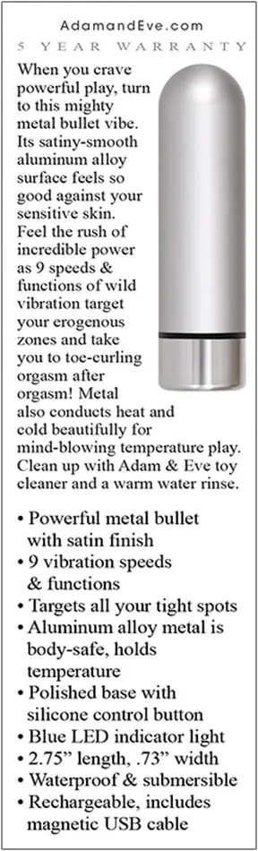 ADAM EVE Rechargeable Silver Metal Bullet Female Sex Toys
